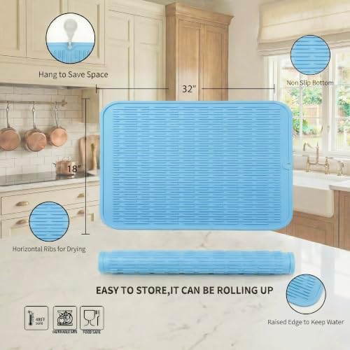 MicoYang Silicone Dish Drying Mat for Multiple Usage,Easy clean,Eco-friendly,Heat-resistant Silicone Mat for Kitchen Counter or Sink,Refrigerator or Drawer Liner Light Blue 4XL 32 inches x 18 inches - Image 2