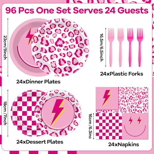 96 Pcs Pink Smile Face Party Decorations: Pink Cheetah Plates and Napkins, Checked Paper Plates, Smile Face Leopard Disposable Tableware for Girls Women Bridal Shower Supplies - Image 2