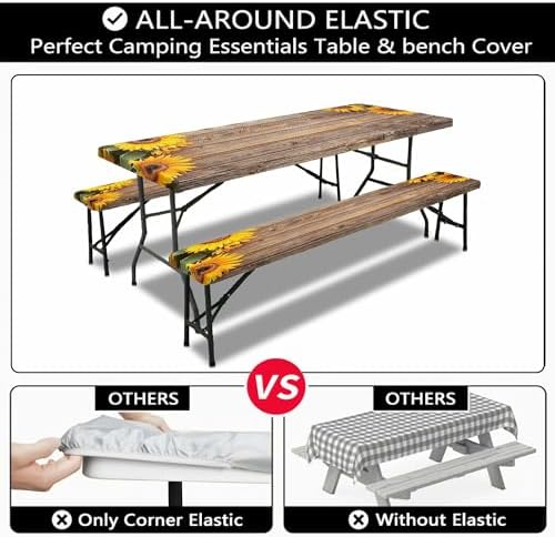 Sunflower Picnic Table Cover with Bench Covers, Waterproof Windproof, Camping Essentials, Fitted Tablecloth Cover with Elastic Edge, for Indoor & Outdoor, Garden, Camping, 3 Pieces Set, 30x96 Inch - Image 6