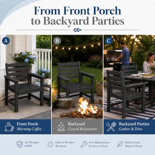 Patio Dining Chairs Set of 2, All-Weather HDPE Outdoor Dining Chair with High Back, Stackable Heavy Duty 400 lbs Lawn Armchair for Backyard Deck Porch Table, Black - Image 3