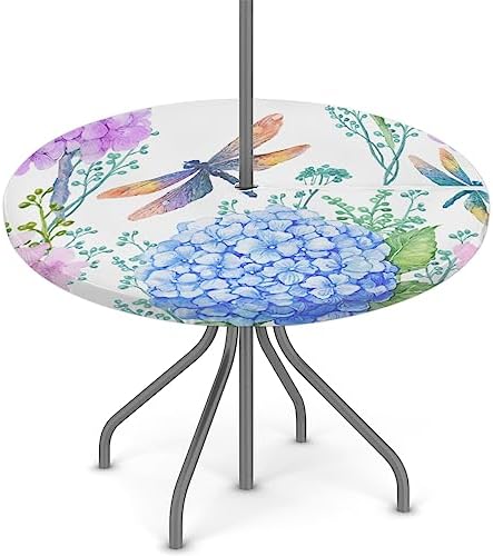 Fitted Round Tablecloth with Umbrella Hole and Zipper Flowers Hydrangeas Outdoor Elastic Table Cloth 45"-56" Oil-Proof Waterproof Dragonflies Patio Table Cover for Picnic Party - Image 2