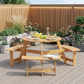 6 Person Wooden Picnic Table, Outdoor Round Picnic Table with 4 Built-in Benches, Umbrella Hole, Outside Table and Bench Set for Patio, Backyard, 500lbs Capacity Per Bench (Nature - 6 person) by CKEASEANFurniture