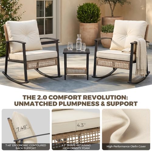 TARKARI 3-Piece Patio Rocking Chairs Set of 2, Rocking Chair Bistro Set [Upgraded 2.0] & 2-Tier Coffee Table, Wicker Rocking Chair Outdoor Patio Furniture Set for Backyard, Porch, Balcony (Beige) - Image 5