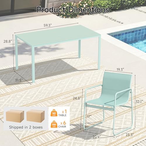 ONBRILL 7 Piece Patio Dining Set for 6 with Textilene Chairs, Aqua - Image 6