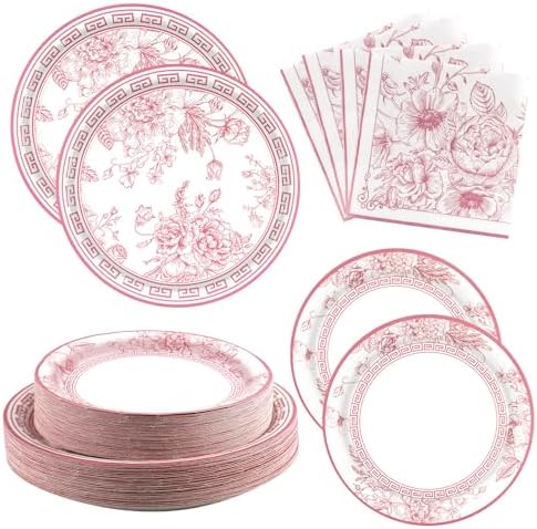 Pink White Floral Paper Plates and Napkins Party Supplies Serve 60 by Osonm