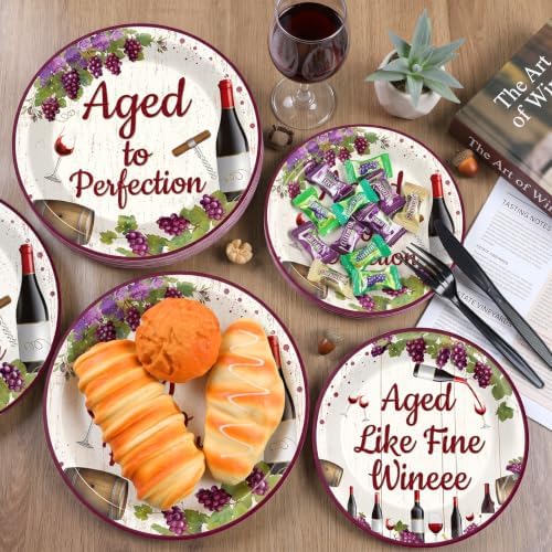 48 Pcs Red Wine Party Plates Supplies Aged Like Fine Wine Party Decorations Paper Plates Aged To Perfection Tableware Set for Women Girls Bridal Shower Anniversary Bachelorette Table Decor for Guests - Image 4