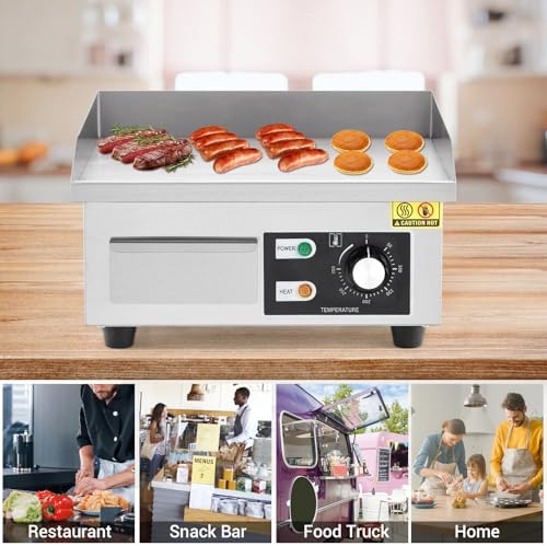 Commercial Electric Griddle 14 Inch, 110V 1500W Stainless Steel Flat Top Grill with Adjustable Temp Control 122°F-572°F, Includes Spatula & Scraper for Restaurant, Home, Outdoor Use - Image 7