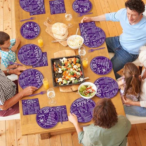 96PCS 50th Birthday Party Paper Plates and Napkins Set for Retro 50 Years Old Party Purple Paper Plates Disposable Decor Back in 1976 Parties Set for Kids Birthday Gatherings Decorations - Image 7