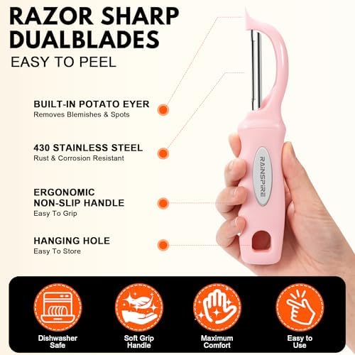Rainspire Vegetable Peeler Potato Peelers for Kitchen, Sharp Stainless Steel Blades Veggie, Comfortable Handle Fruit Peeler, Carrot Peeler Apple Peeler Dishwasher Safe (1, Pink) - Image 5
