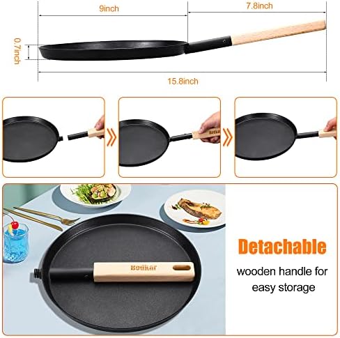 bodkar 8-inch Frying Pan Skillet Flat Crepe Pan, Lightweight Grill Pan with Wooden Handle for Camping Indoor Outdoor Cooking - Image 2