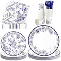 144 Pcs Blue and White Floral Tableware Set for 24 Guests, Heavy-Duty 7" & 9" Paper Plates, Cups, 2-Ply 13" Napkins & Plastic Forks, Disposable Party Supplies for Bridal Baby Shower Tea Party by COSINIA