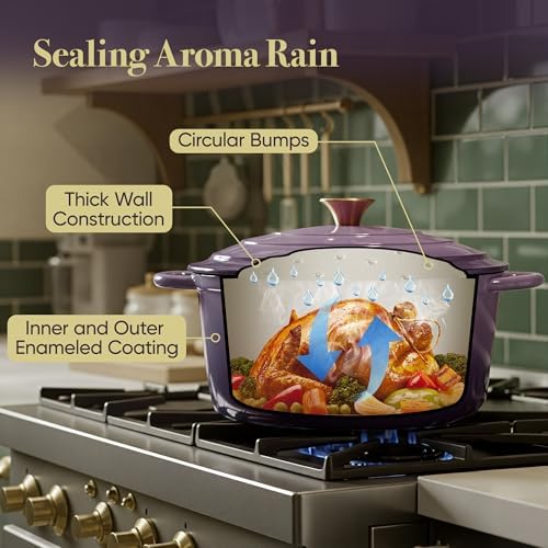 4.5 Quart Dutch Oven Pot with Lid, Non Stick Enameled Cast Iron Dutch Oven for Bread Baking, Heavy-Duty, Oven Safe Ceramic Cookware Up to 500°F for Baking, Braising, Stews, Roasting, Purple - Image 7