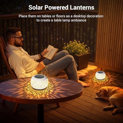 Solar Lanterns Outdoor Waterproof Lights: 2Pack White Hollow Out Metal Table Light, Outside Garden Yard Balcony Indoor Tabletop Lighting Decorations, Unique Gardening Gifts for Women Mom - Image 4