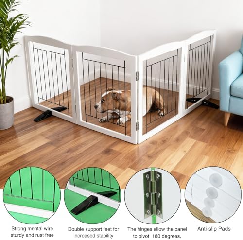 ZJSF Freestanding Dog Fence Indoor, Foldable Dog Gate for Doorways, Stairs or Hallways, Sturdy Wood Extra Wide Pet Gate with Support Feet for The House, White, 32 "Height-4 Panels - Image 5
