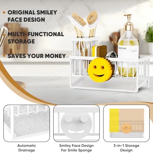 Sponge Holder for Kitchen Sink,Smiley Face Sink Caddy with Removable Brush Holder,Self-Draining Sponge Caddy for Sponge,Soap,Dish Brush,Scrubber,Kitchen Essentials and Gadgets-White - Image 3