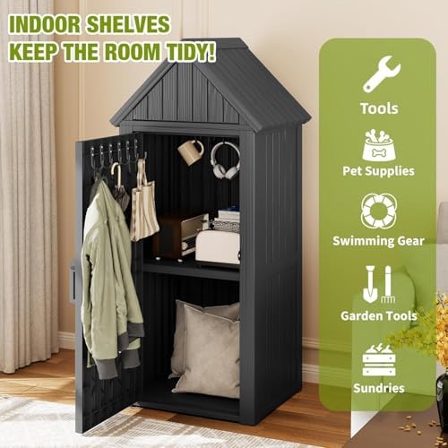 Outdoor Storage Shed, Waterproof Storage Cabinet with Sloping Roof and Lockable Door, Resin Shed with Ample Space, Multiple Hooks for Backyard Patio, Garden, Lawn, Classic Black - Image 2