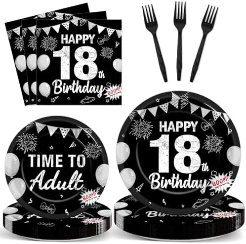 96PCS 18th Birthday Party Paper Plates and Napkins and Forks Set for Time To Adult 18 Years Old Party Paper Plates Disposable Decor Happy 18th Parties Set for Kids Birthday Gatherings Decorations by Oitnlaughter