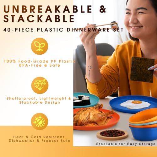 40 Piece Plastic Dinnerware Set for 8 with Cutlery, Unbreakable Plates and Bowls Set, Dishwasher & Microwave Safe Reusable Dish Set for Camping, RV, Outdoor Kitchen, Apartment Dining,Tropic Multicolor - Image 6