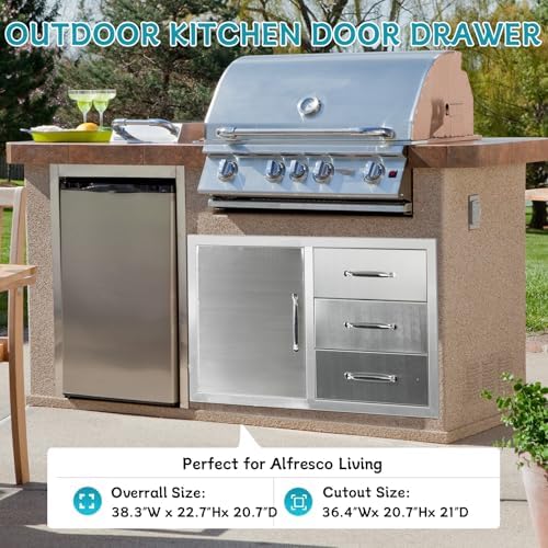 Outdoor Kitchen Door Drawer Combo Cabinet,38.1W x 22.6H x 20.8D Stainless Steel with Handles,Triple Drawers & BBQ Access Combo for Outdoor Kitchen Island (Drawer with Handle and Left Door Combo) - Image 3