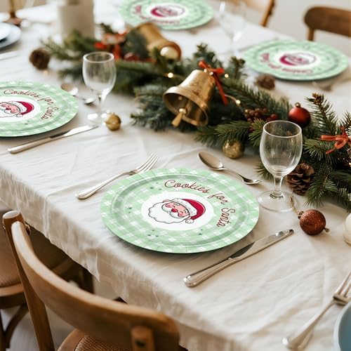 WRAPAHOLIC 25Pcs Christmas Paper Plates - 9 Inch Green Plaids Santa Disposable Plates Decorative Dinner Plates for Christmas Party Tableware Supplies Table Decor - Image 6