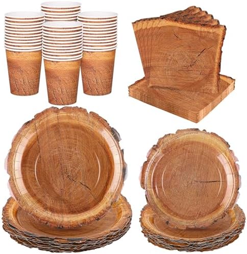 Kochorie 96 Pieces Wood Grain Slice Tableware Sets Rustic Wood Party Supplies Including Paper Plates, Napkins, Cups, Serves 24 for Camping Birthday Hunting Forest Party Decorations by Kochorie