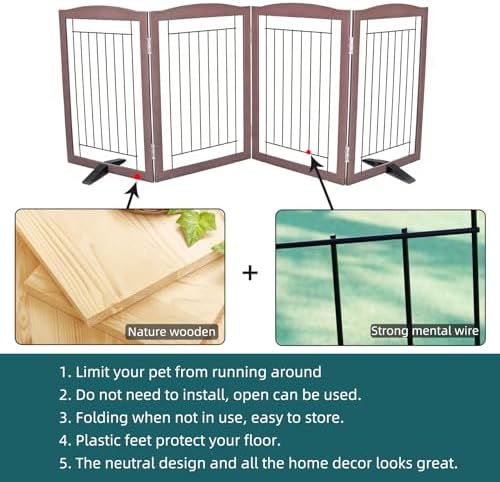 ZJSF Freestanding Dog Fence Indoor, Foldable Dog Gate for Doorways, Stairs or Hallways, Sturdy Wood Extra Wide Pet Gate with Support Feet for The House, Brown, 32 "Height-4 Panels - Image 6