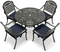 VIVIJASON 5-Piece Patio Furniture Dining Set, All-Weather Cast Aluminum Outdoor Conversation Set, Include 4 Cushioned Chairs and 1 Round Table w/Umbrella Hole for Balcony, Backyard, Navy Blue Cushion by VIVIJASON