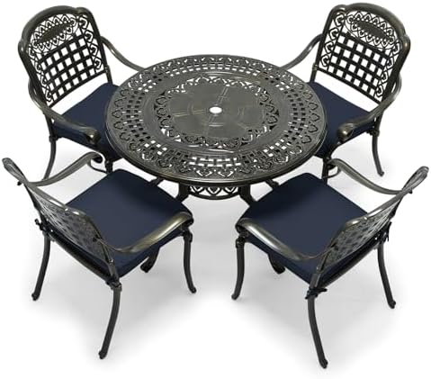 VIVIJASON 5-Piece Patio Furniture Dining Set, All-Weather Cast Aluminum Outdoor Conversation Set, Include 4 Cushioned Chairs and 1 Round Table w/Umbrella Hole for Balcony, Backyard, Navy Blue Cushion by VIVIJASON