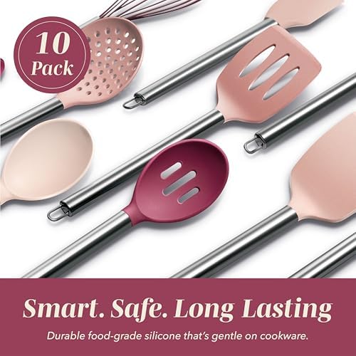 COOK WITH COLOR Silicone Cooking Utensils, Kitchen Utensil Set, Easy to Clean Silicone Kitchen Utensils, Cooking Utensils for Nonstick Cookware, Kitchen Gadgets Set, 10 Pieces, Rose - Image 3