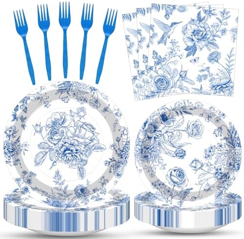 100 Pcs Blue and White Floral Tableware Party Supplies Set, Serves 25 – Disposable Elegant Flower Paper Plates, Napkins, and Plastic Forks for Wedding, Bridal Shower, Birthday, Garden Tea Decorations by Merriva
