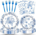 100 Pcs Blue and White Floral Tableware Party Supplies Set, Serves 25 – Disposable Elegant Flower Paper Plates, Napkins, and Plastic Forks for Wedding, Bridal Shower, Birthday, Garden Tea Decorations by Merriva