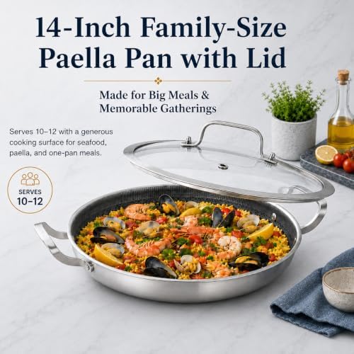 Yeksum Tri-Ply 14.5 Inch Stainless Steel Paella Pan,12 Servings Paella Pan with Lid,18/10 Nonstick Large Skillet,Jumbo Cooker,Induction Pan,Skillets,for Outdoors,Camping,Parties - Image 4