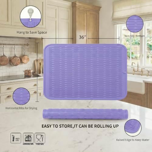 MicoYang Silicone Dish Drying Mat for Multiple Usage,Easy clean,Eco-friendly,Heat-resistant Silicone Mat for Kitchen Counter or Sink,Refrigerator or Drawer Liner Light Purple 5XL 36inches x 18inches - Image 2