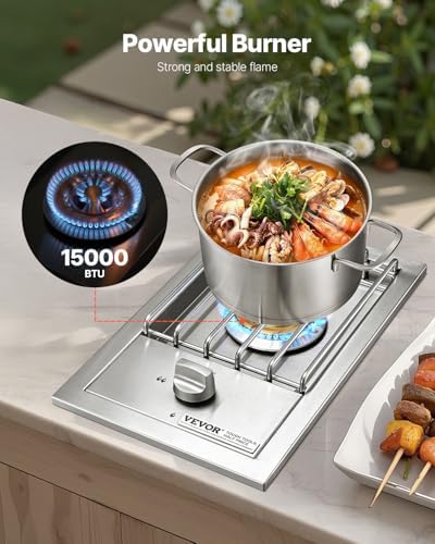 VEVOR Single Grilling Side Burner, 15,000BTU Liquid Propane Side Burner for Outdoor Kitchen, Convertible to Natural Gas, 304 Stainless Steel Built-in Single Grill Burners for BBQ Grill Island - Image 2