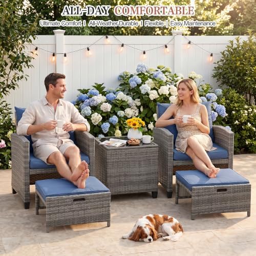 Vongrasig 5 Piece Patio Furniture Set, Small Balcony Furniture, PE Wicker Rattan Patio Chairs Set of 2, Outdoor Lounge Chairs with Cushions Ottomans &Glass Table for Porch Garden(Navy Blue) - Image 7
