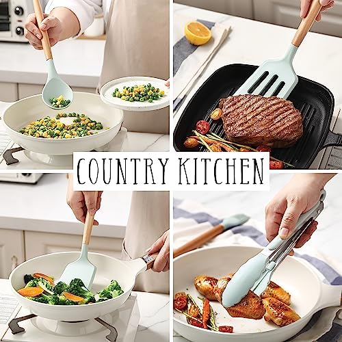 Country Kitchen Non Stick Silicone Utensil Set with Rounded Wood Handles for Cooking and Baking, 14 Piece Set, Mint - Image 4