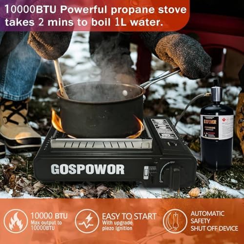 Propane or Butane Stove with Windblocker, Dual Fuel 10,000 BTU Portable Gas stove for Camping, Automatic Ignition Gas Stove with Adapter Hose Carrying Case & Griddle for Hiking (Fuel Not Included) - Image 2