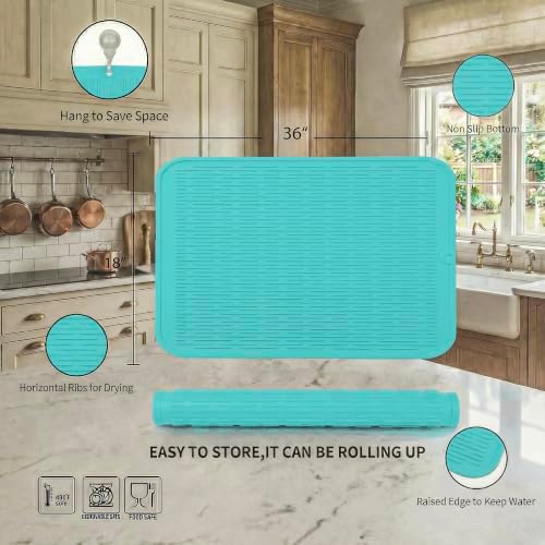 MicoYang Silicone Dish Drying Mat for Multiple Usage,Easy clean,Eco-friendly,Heat-resistant Silicone Mat for Kitchen Counter or Sink,Refrigerator or Drawer Liner Mint 5XL 36inches x 18inches - Image 2