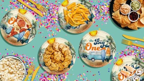 The Big One Surfer First Birthday - 32 Piece Disposable Party Supplies - Decorations for Surfing 1st Birthday Round Party Plates - Large 9" Paper Plates In Bulk - Image 7