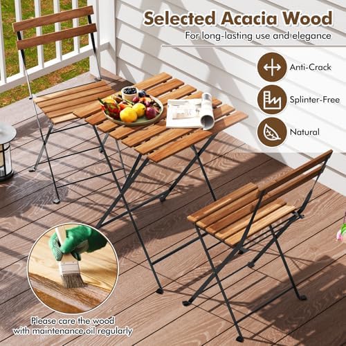 GIANTEX 3-Piece Acacia Wood Bistro Set, Patio Bistro Table with 2 Folding Chairs, Slatted Seat & Tabletop, Metal Frame, Outdoor Furniture Set for Backyard, Porch, Garden, Poolside (Black + Brown) - Image 7