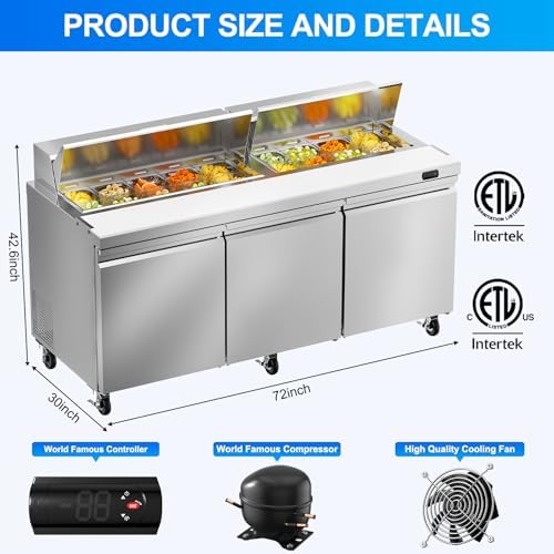 Rockitch 72" W Commercial Sandwich Prep Table Refrigerator 22 Cu.ft 16 Pans - Image 4