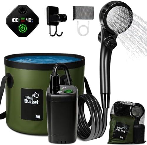 Portable Shower for Camping, 6000mAh Rechargeable Camp Shower Pump with Large Capacity Foldable Bucket, Filtered Shower Head, Outdoor Camping Shower Kit for Travel, Pet Bath, Car Washing by Unknown