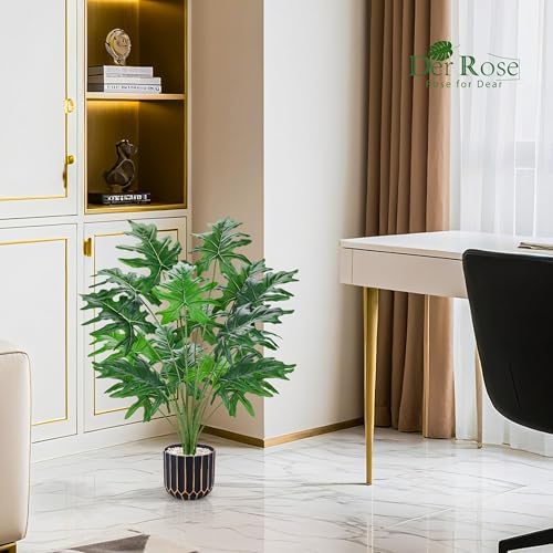 Der Rose 28" Artificial Plants Indoor, Philodendron Plant in Black Gold Pot - Image 2