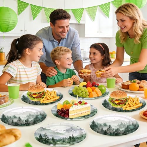50Pcs Green Forest Party Decorations 9 inch Nature Camping Woodland Pine Tree Paper Plates Mountain Adventure Awaits Theme Plates for Summer Picnic BBQ Baby Shower Outdoor Camper Party Decorations - Image 6