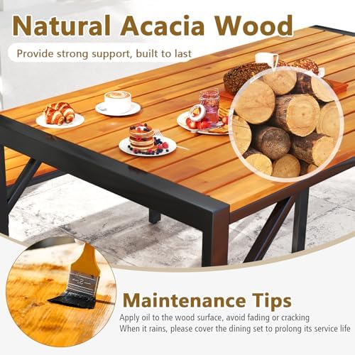 Tangkula 3-Pieces Patio Dining Set for 4 People, Outdoor Picnic Table & 2 Benches, 44" Acacia Wood Dining Table w/Metal Frame, Space-Saving Dinette Set for Garden Porch Poolside Yard Balcony - Image 5