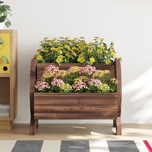 Wooden Wagon Planter Flower Cart Farm Stand Garden Decor Planter for Outdoor Patio Balcony Decoration,Rustic Farmhouse Wishing Well Decor Succulent Planter Indoor Backyard (Carbonized) - Image 3