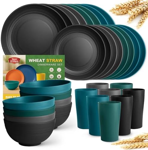 Teivio 32-Piece Plates and Bowls Sets for 8, Plastic Kitche Dinnerware Set by Teivio