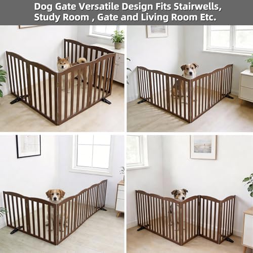 Freestanding Dog Gate Indoor,Doggie Gate Foldable Pet Gates for Doorways,Stairs or Hallways, Wooden Brown Pet Gate for the House, Pet Fence with Support Feet Included,32 "Height-6 Panels - Image 4