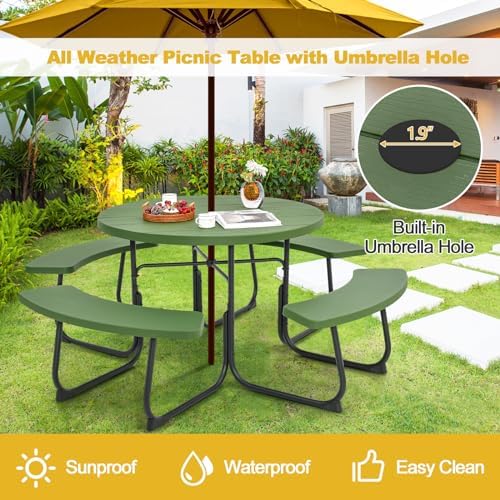 Tangkula 8 Person Round Picnic Table with 4 Built-in Benches, Green - Image 4