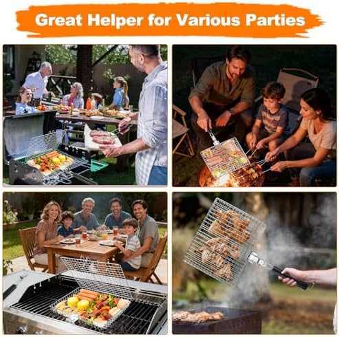 Fish Grill Basket for Outdoor Grill, Grilling Basket With Removable Handle, Portable BBQ Set Barbecue Rack for Shrimp Pork Veggies, Camping Grilling Accessories With Brush, Metal Skewers and Carry Bag - Image 6